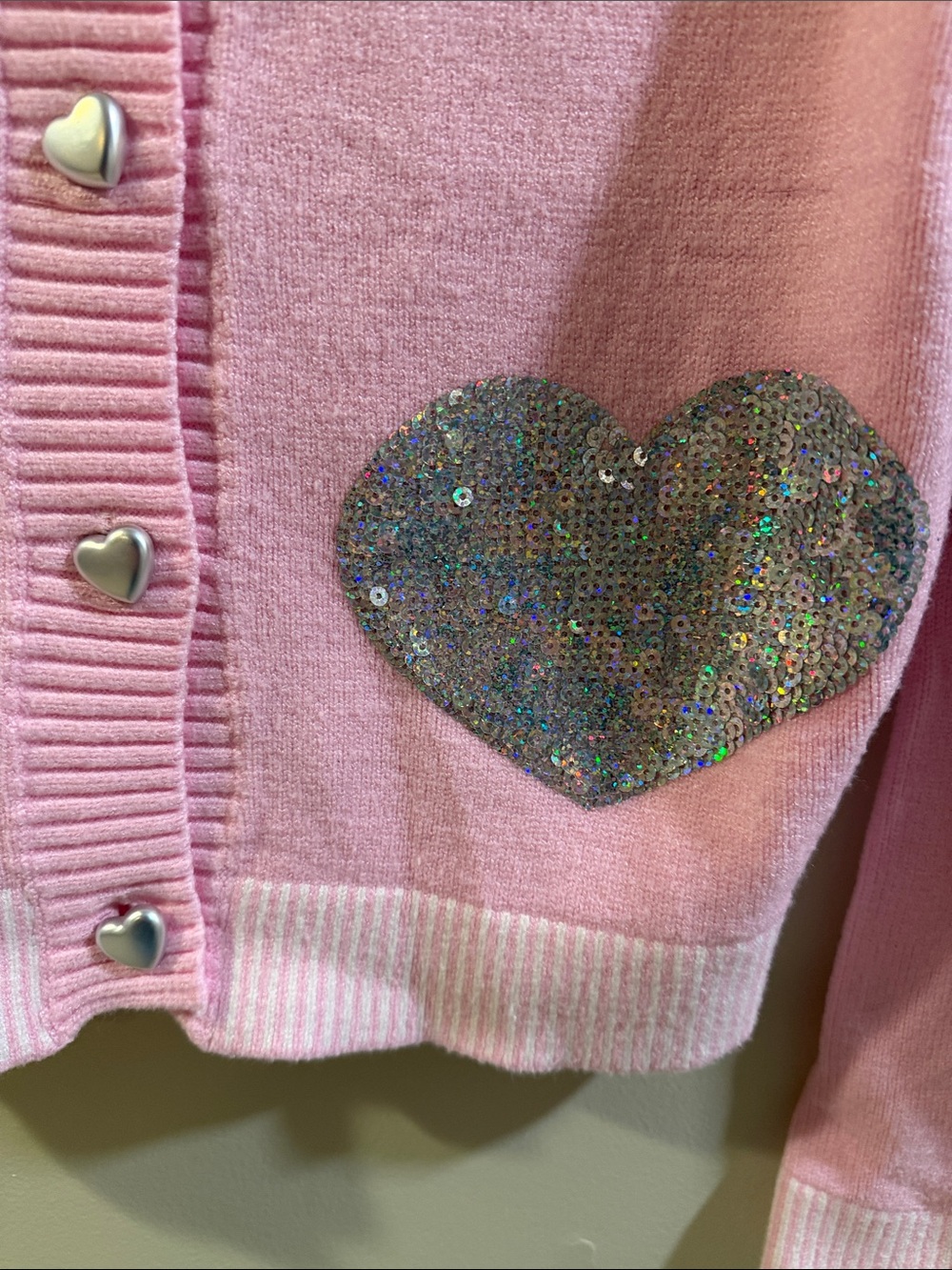 Girls Pink Heart Sequin Cardigan Sweater - Picture 3 of 6